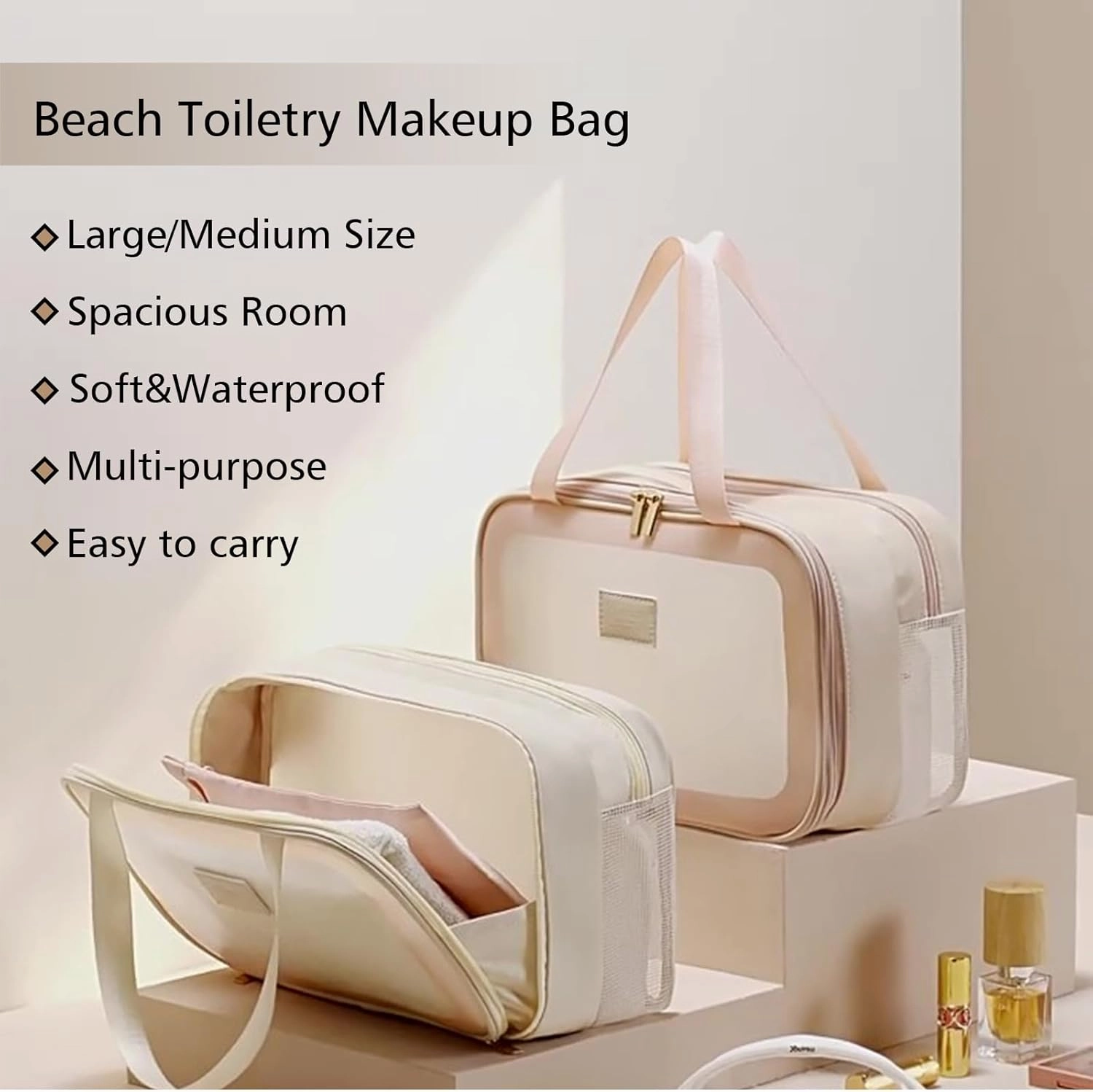 L&FY Large Toiletry Bag, Translucent Leather Makeup Cosmetic Organizer Bag Waterproof With Mesh Pouch For Gym, Workout Swim Beach Shower (Beige, L)