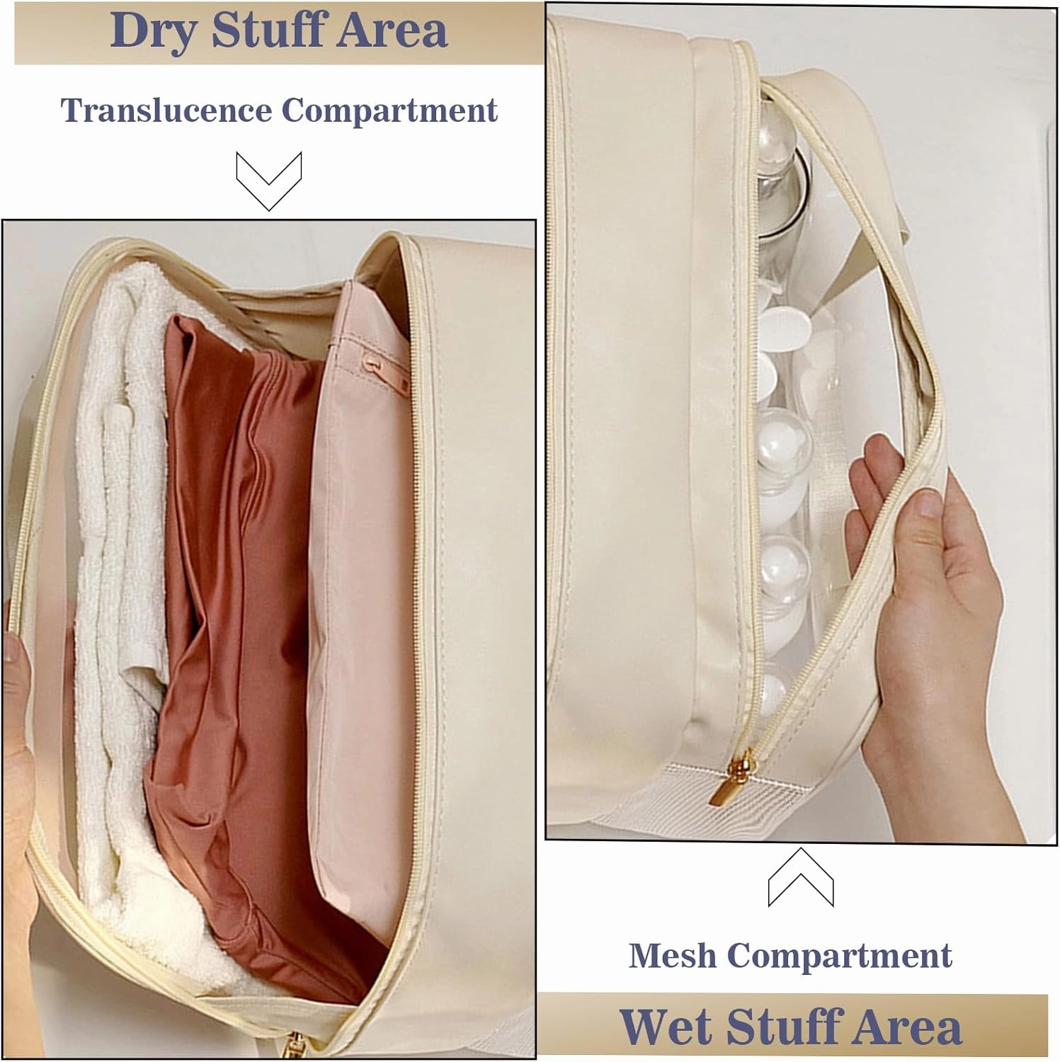 L&FY Large Toiletry Bag, Translucent Leather Makeup Cosmetic Organizer Bag Waterproof With Mesh Pouch For Gym, Workout Swim Beach Shower (Beige, L)
