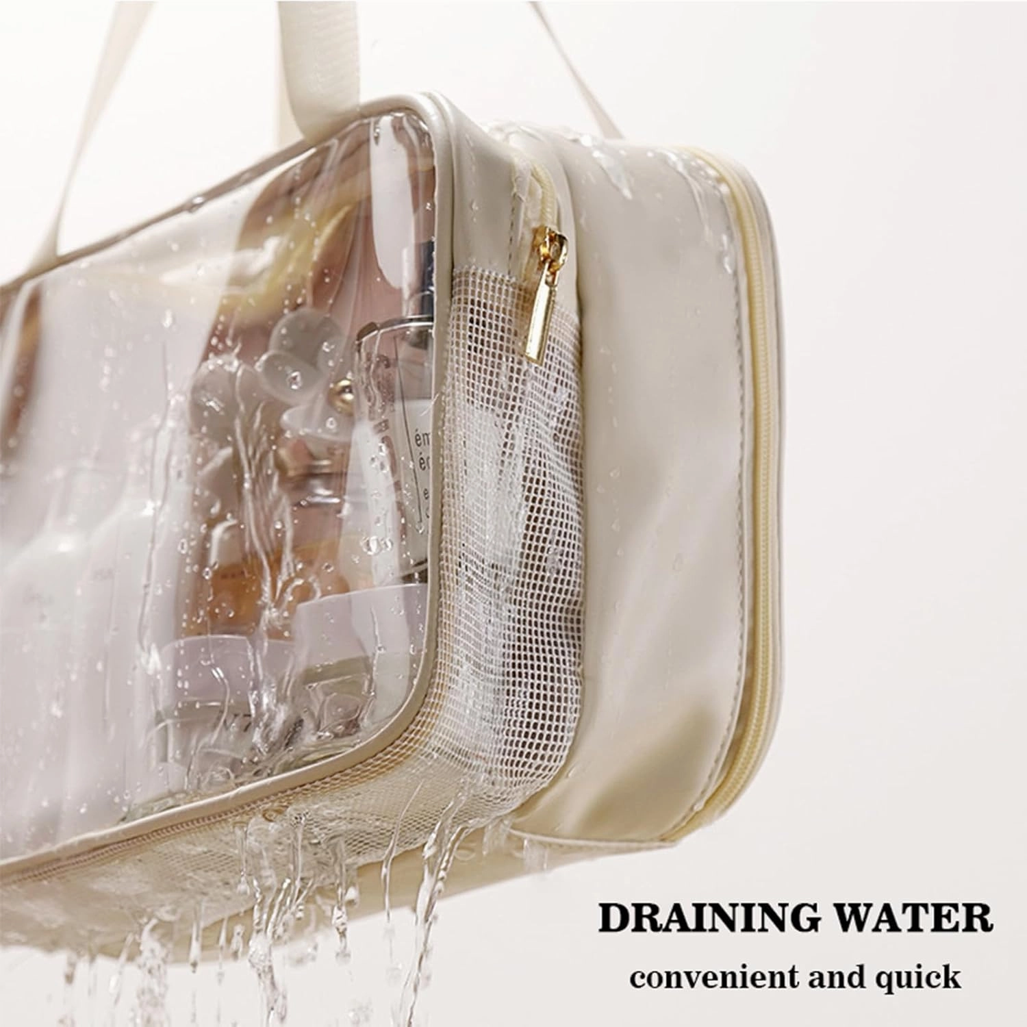L&FY Large Toiletry Bag, Translucent Leather Makeup Cosmetic Organizer Bag Waterproof With Mesh Pouch For Gym, Workout Swim Beach Shower (Beige, L)
