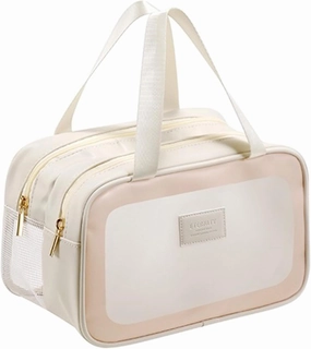 L&FY Large Toiletry Bag, Translucent Leather Makeup Cosmetic Organizer Bag Waterproof With Mesh Pouch For Gym, Workout Swim Beach Shower (Beige, L)