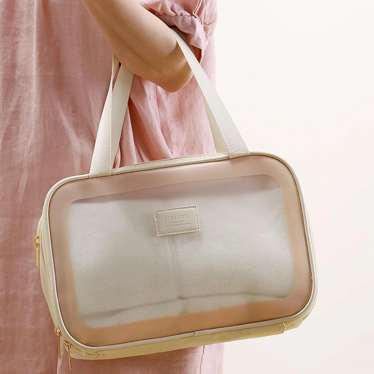 L&FY Large Toiletry Bag, Translucent Leather Makeup Cosmetic Organizer Bag Waterproof With Mesh Pouch For Gym, Workout Swim Beach Shower (Beige, L)