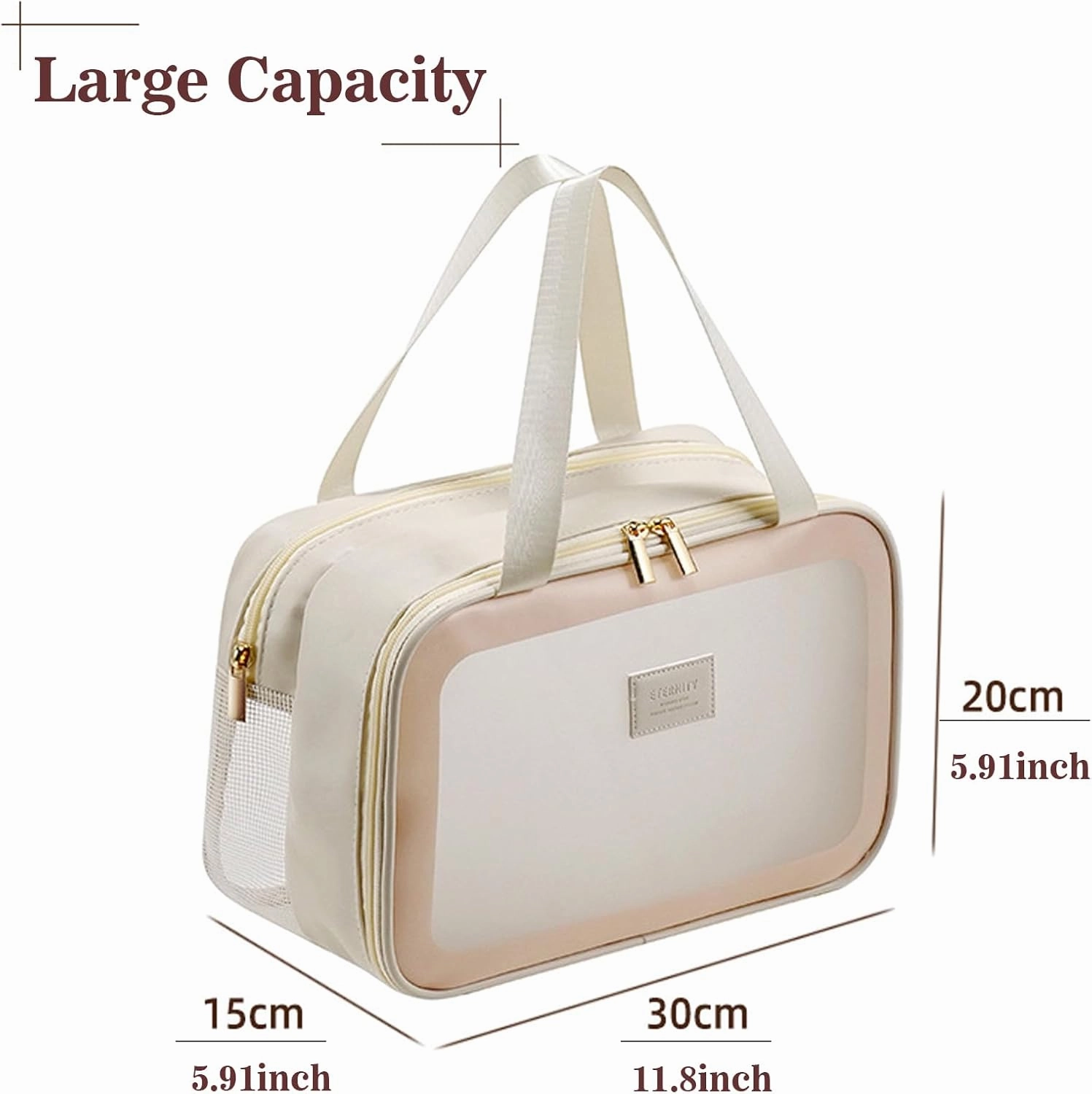L&FY Large Toiletry Bag, Translucent Leather Makeup Cosmetic Organizer Bag Waterproof With Mesh Pouch For Gym, Workout Swim Beach Shower (Beige, L)