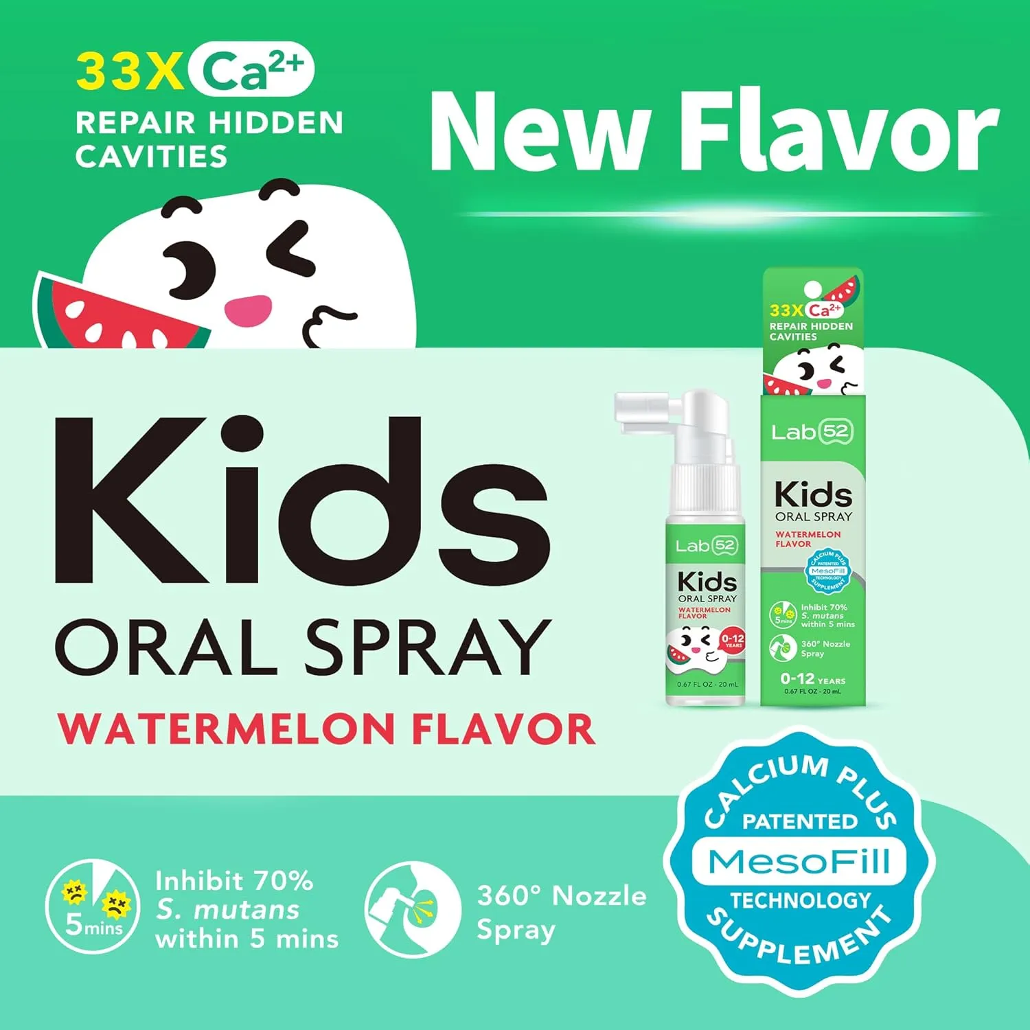 LAB52 Kids Oral Spray, Toddler Toothpaste Helper for Cavity Repair and Fresh Breath, Children Anticavity with Fluoride Free for Newborn to Preschoolers, Xylitol Watermelon Flavor
