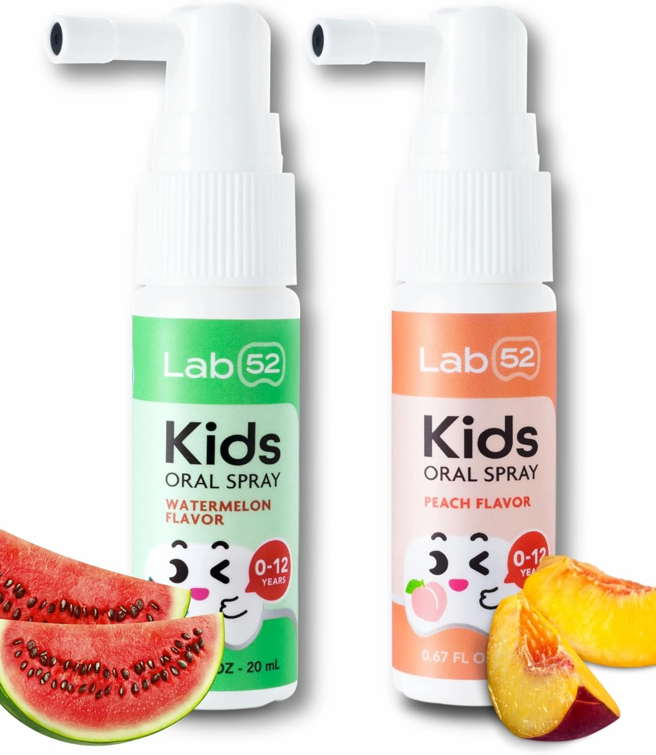 LAB52 Kids Oral Spray Duo Set, Toddler Toothpaste Helper for Cavity Repair and Fresh Breath, Children Anticavity with Fluoride Free for Newborn to Preschoolers, Xylitol (Watermelon & Peach)