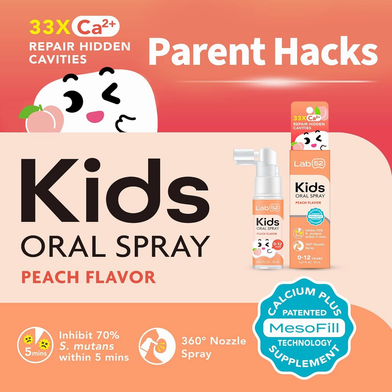 LAB52 Kids Oral Spray, Toddler Toothpaste Helper for Cavity Repair and Fresh Breath, Children Anticavity with Fluoride Free for Newborn to Preschoolers, Xylitol Peach Flavor
