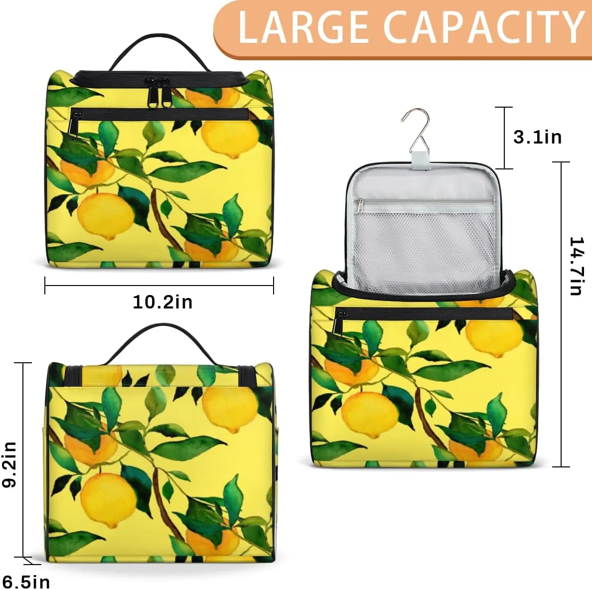 Lemon Citrus Fruits Hanging Toiletry Bag for Men Women Travel Cosmetic Makeup Organizer Bag Water Resistant Large Portable Wash Case for Accessories, Toiletries, Cosmetics