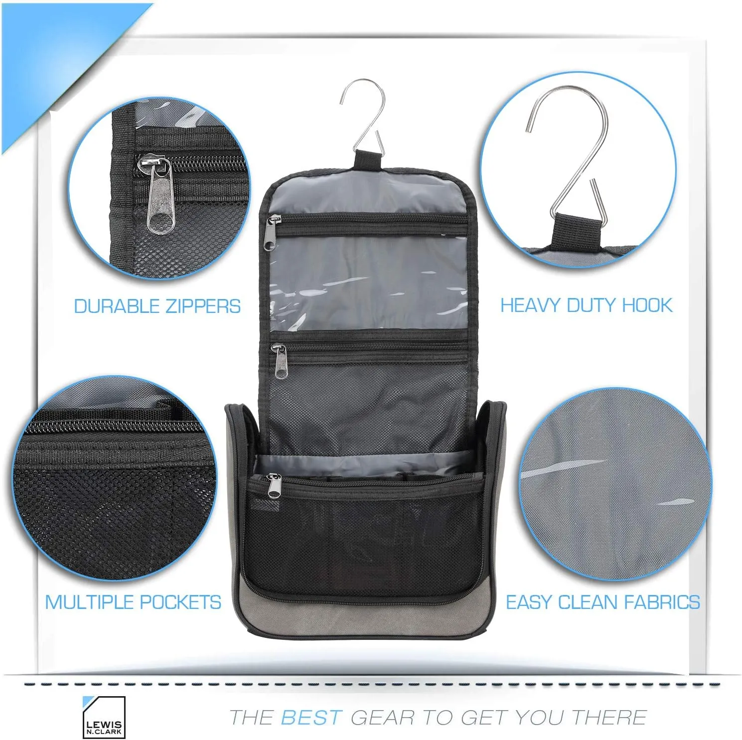 Lewis N. Clark Brushed Twill Hanging Toiletry Kit Bag for Travel Accessories, Shampoo, Cosmetics   Personal Items, Blue
