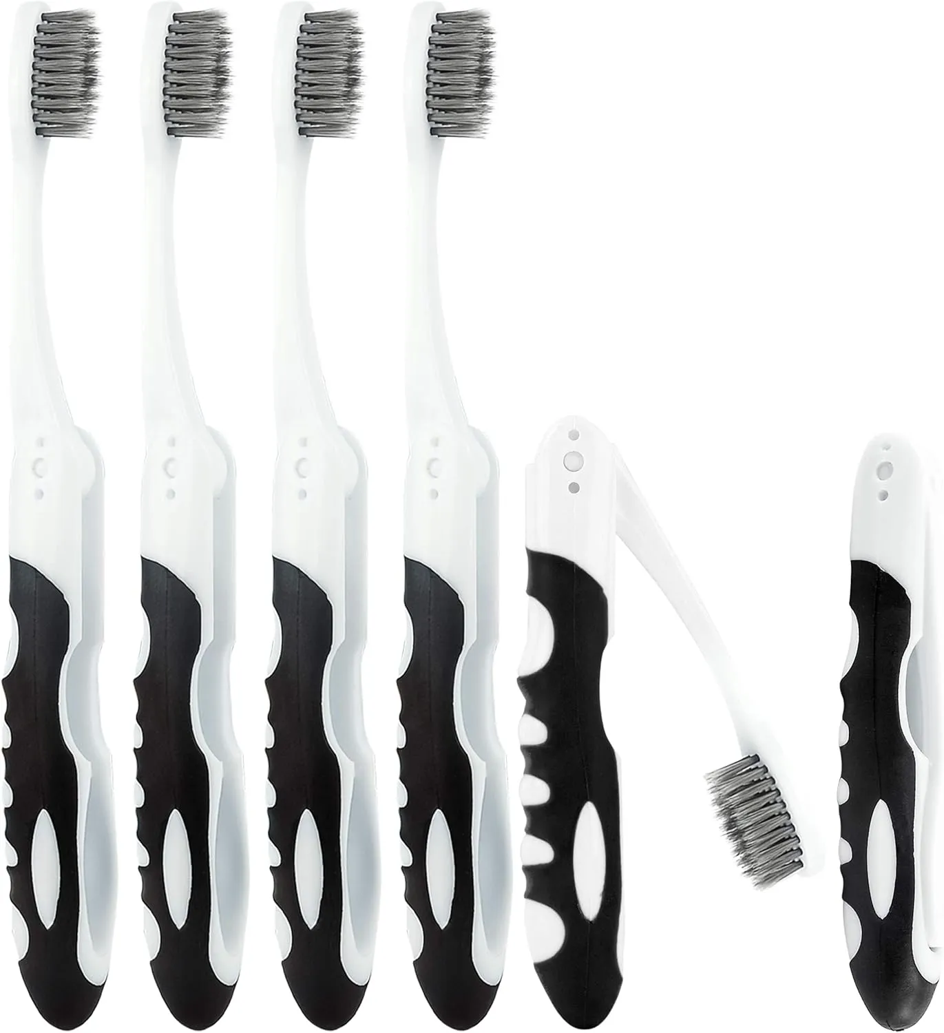 Lingito Folding Toothbrush with Built-in Cover - Travel Size, Collapsible, Soft-Charcoal (6 Pack)