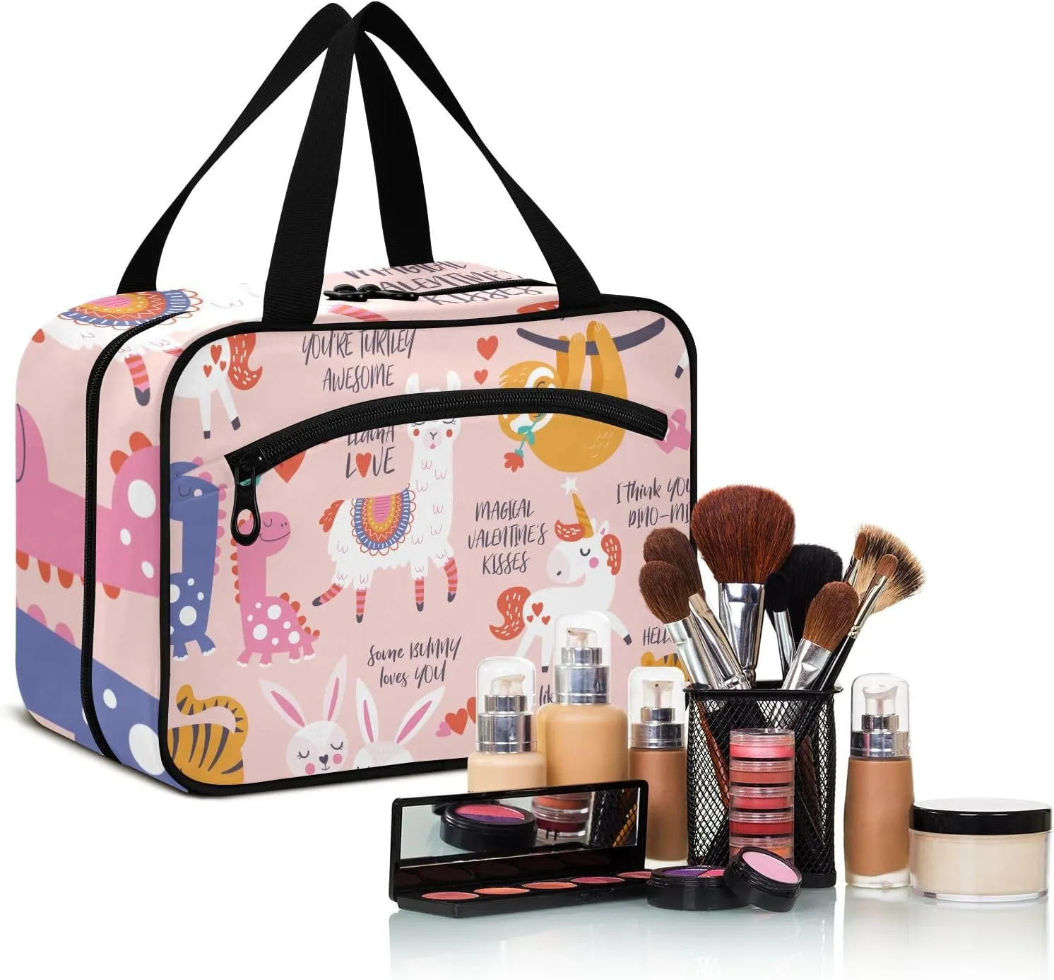 linqin Toiletry Bag for Travel, Animal Sweet Cartoon Unicorn Dinosaurs Cute Pink Makeup Bag Large Cosmetic Bag Organizer with Hanging Hook for Women Men