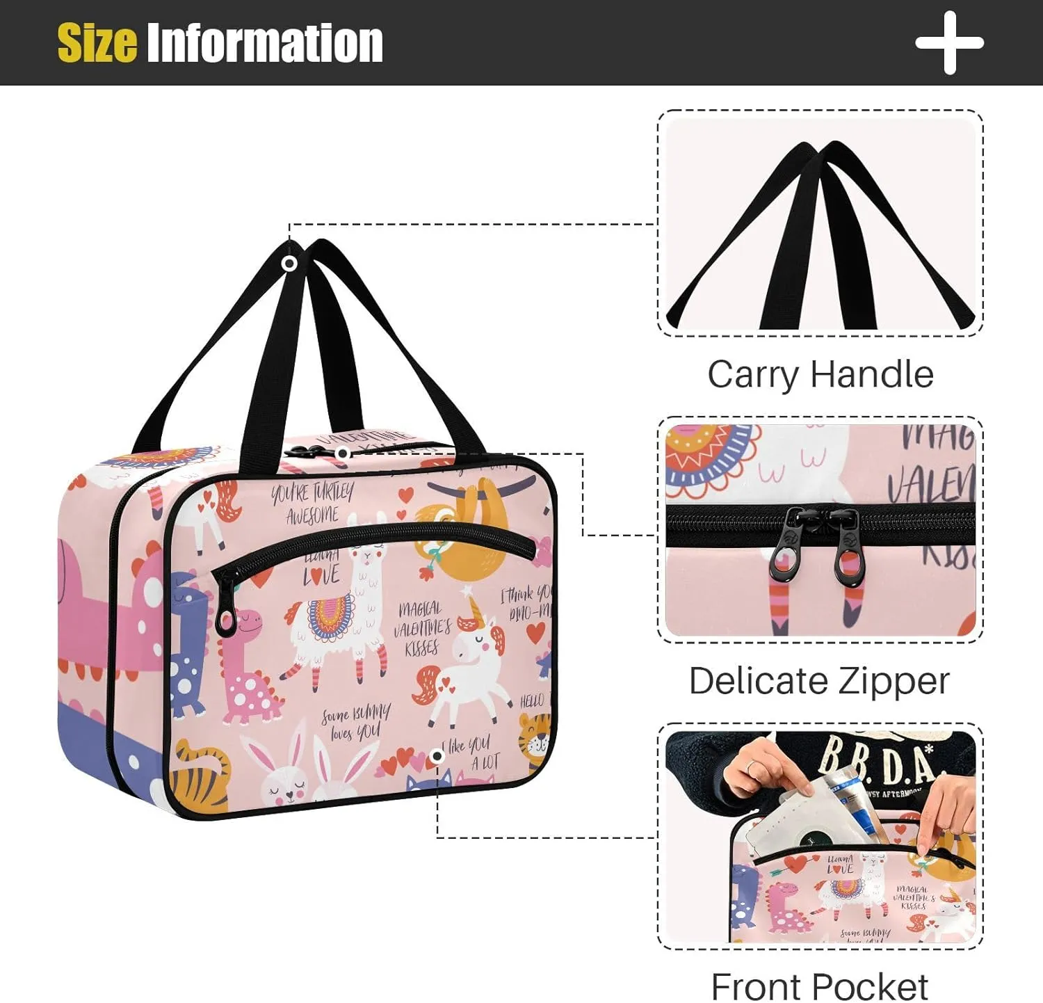 linqin Toiletry Bag for Travel, Animal Sweet Cartoon Unicorn Dinosaurs Cute Pink Makeup Bag Large Cosmetic Bag Organizer with Hanging Hook for Women Men