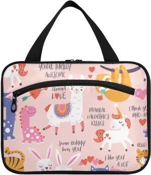 linqin Toiletry Bag for Travel, Animal Sweet Cartoon Unicorn Dinosaurs Cute Pink Makeup Bag Large Cosmetic Bag Organizer with Hanging Hook for Women Men