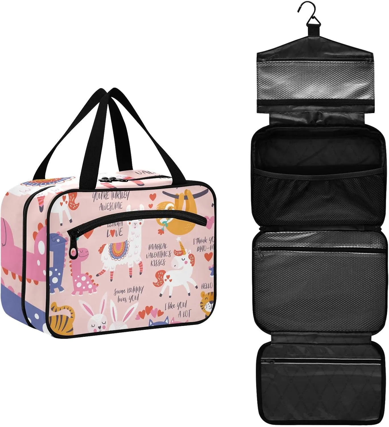 linqin Toiletry Bag for Travel, Animal Sweet Cartoon Unicorn Dinosaurs Cute Pink Makeup Bag Large Cosmetic Bag Organizer with Hanging Hook for Women Men