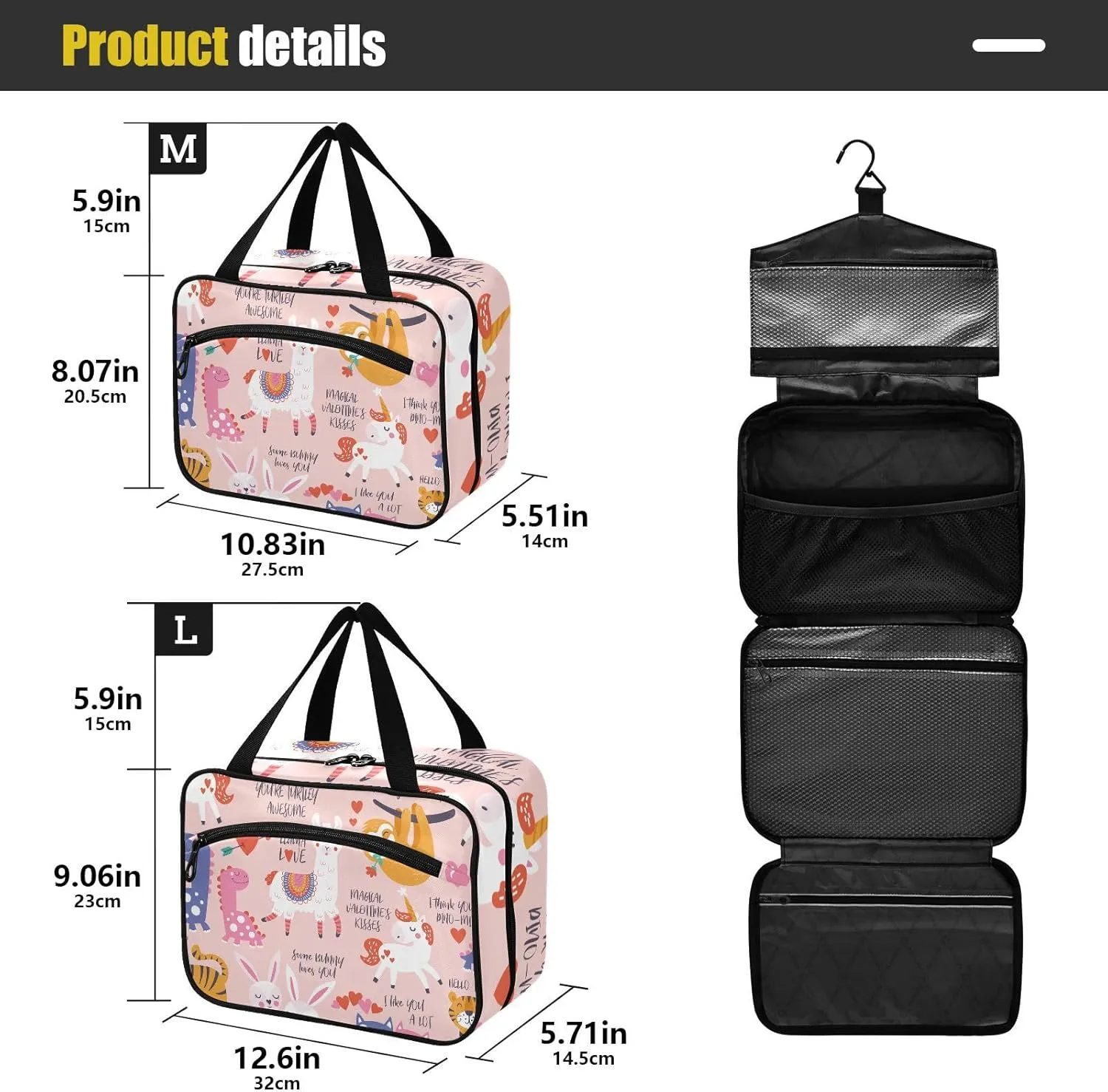 linqin Toiletry Bag for Travel, Animal Sweet Cartoon Unicorn Dinosaurs Cute Pink Makeup Bag Large Cosmetic Bag Organizer with Hanging Hook for Women Men