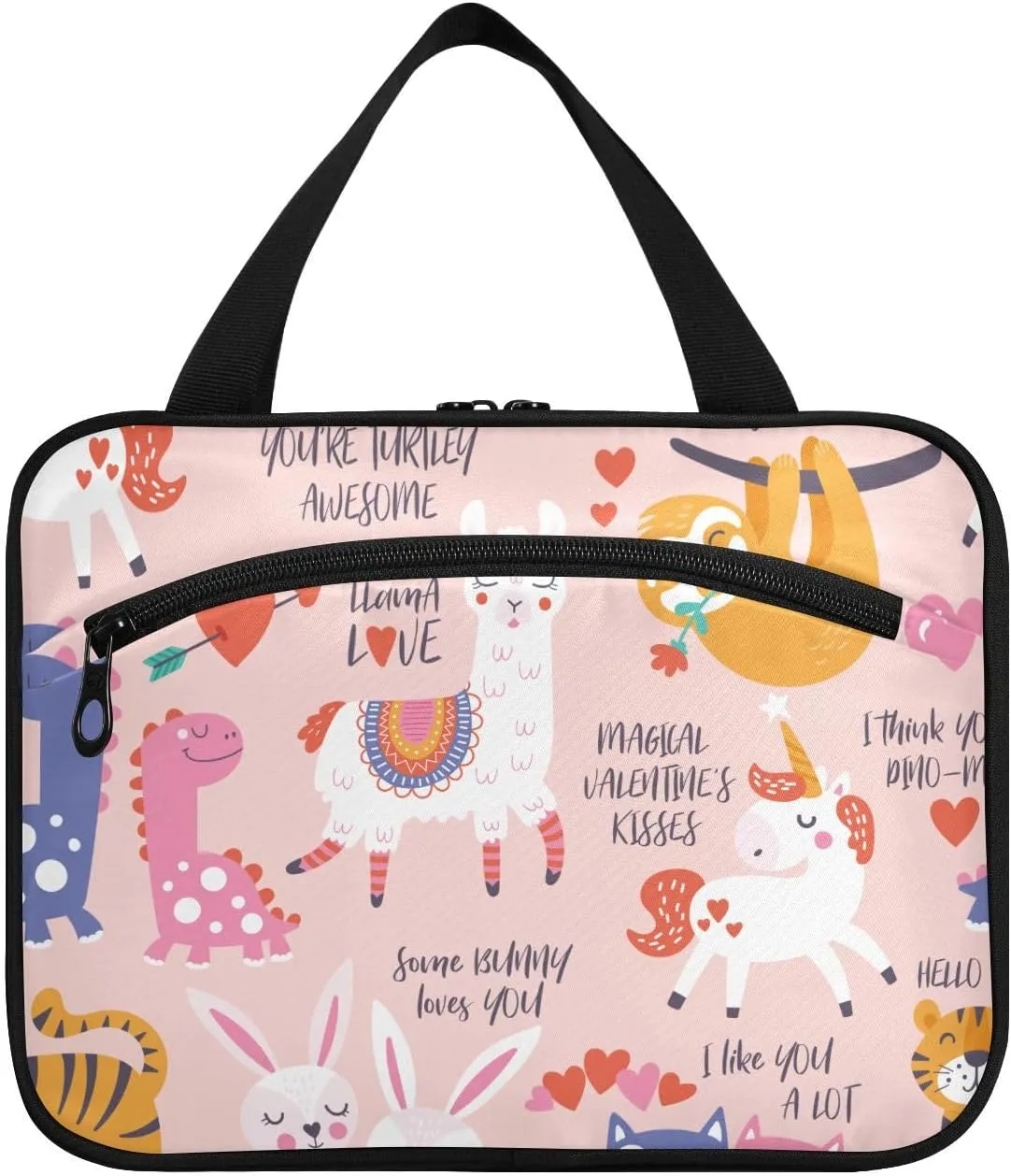 linqin Toiletry Bag for Travel, Animal Sweet Cartoon Unicorn Dinosaurs Cute Pink Makeup Bag Large Cosmetic Bag Organizer with Hanging Hook for Women Men