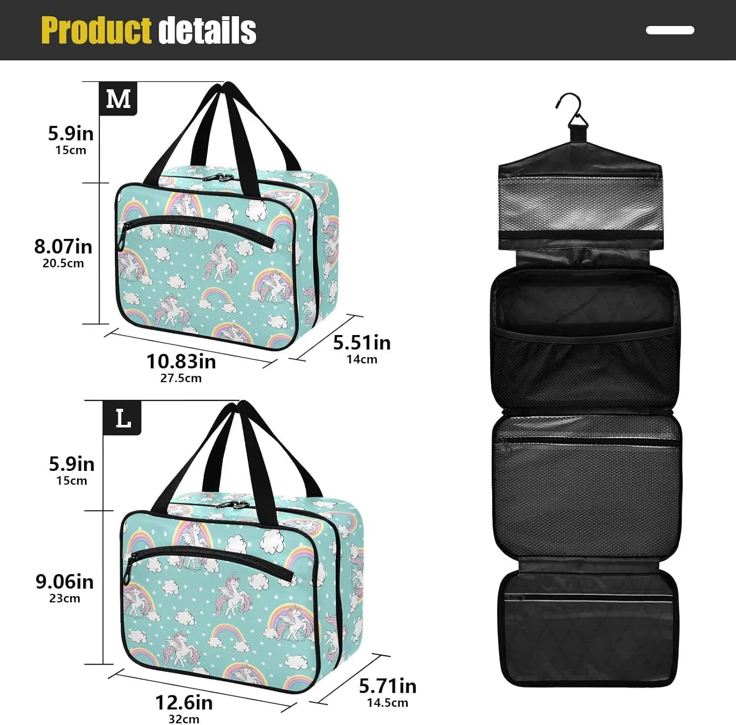 linqin Toiletry Bag for Travel, Beautiful Unicorn Blue Makeup Bag Large Cosmetic Bag Organizer with Hanging Hook for Women Men
