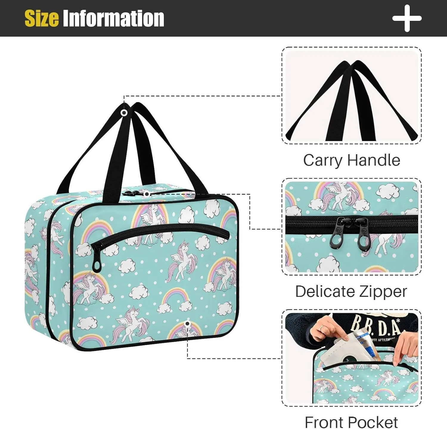 linqin Toiletry Bag for Travel, Beautiful Unicorn Blue Makeup Bag Large Cosmetic Bag Organizer with Hanging Hook for Women Men