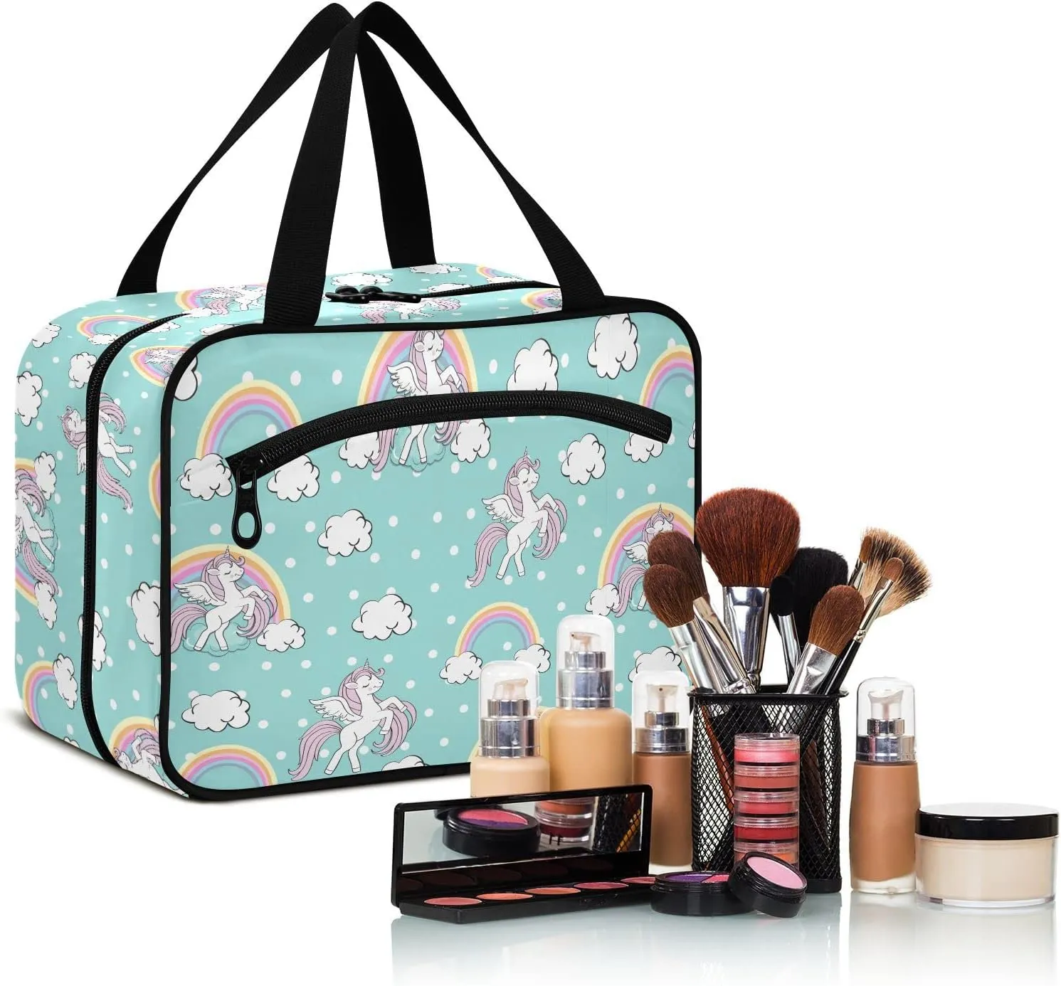 linqin Toiletry Bag for Travel, Beautiful Unicorn Blue Makeup Bag Large Cosmetic Bag Organizer with Hanging Hook for Women Men