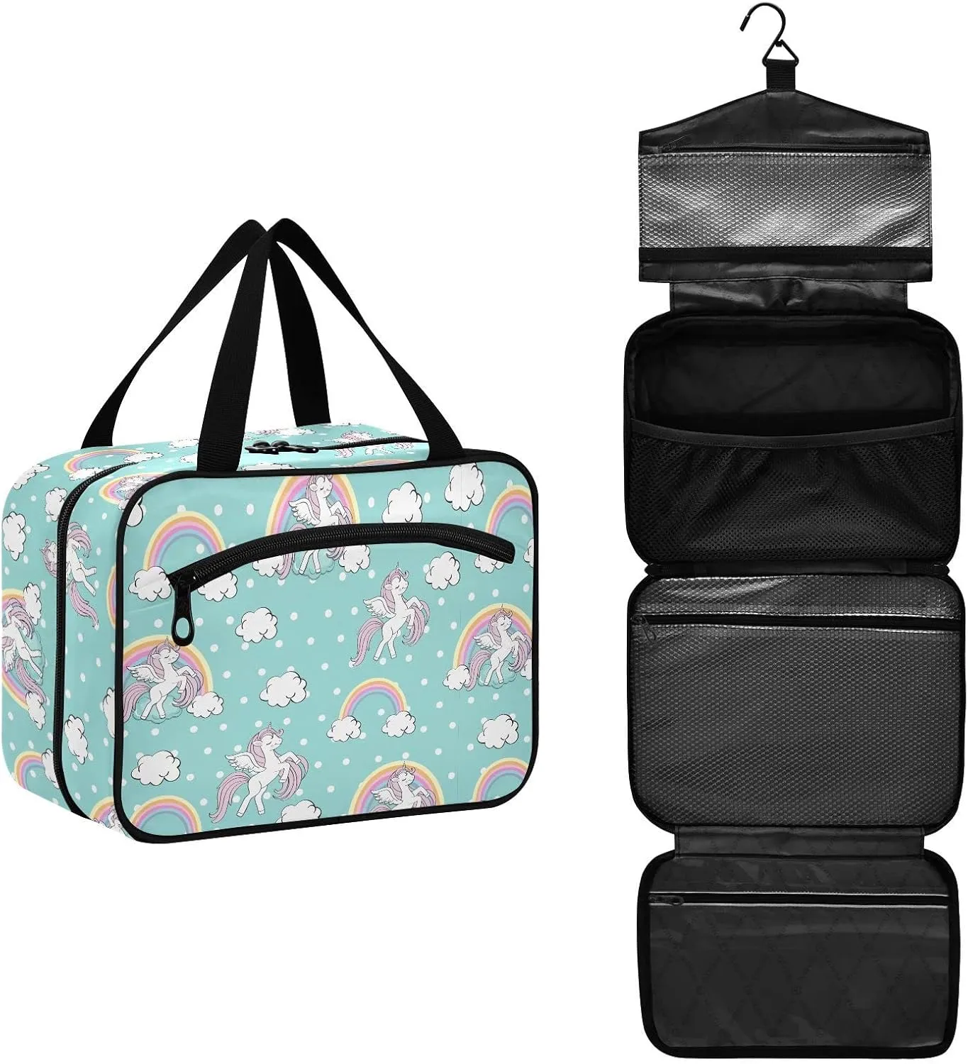 linqin Toiletry Bag for Travel, Beautiful Unicorn Blue Makeup Bag Large Cosmetic Bag Organizer with Hanging Hook for Women Men