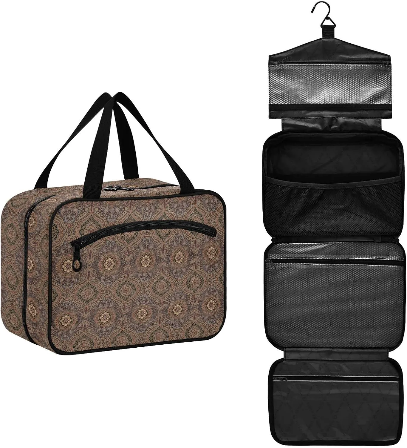 linqin Toiletry Bag for Travel, Brown Flower Pattern Makeup Bag Large Cosmetic Bag Organizer with Hanging Hook for Women Men