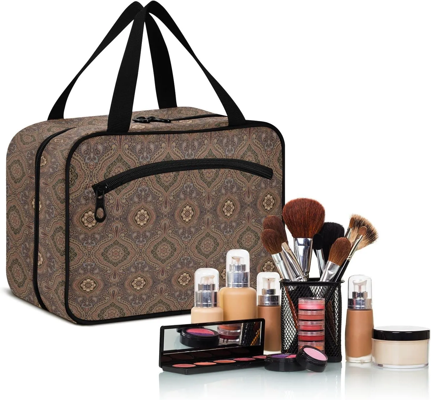 linqin Toiletry Bag for Travel, Brown Flower Pattern Makeup Bag Large Cosmetic Bag Organizer with Hanging Hook for Women Men