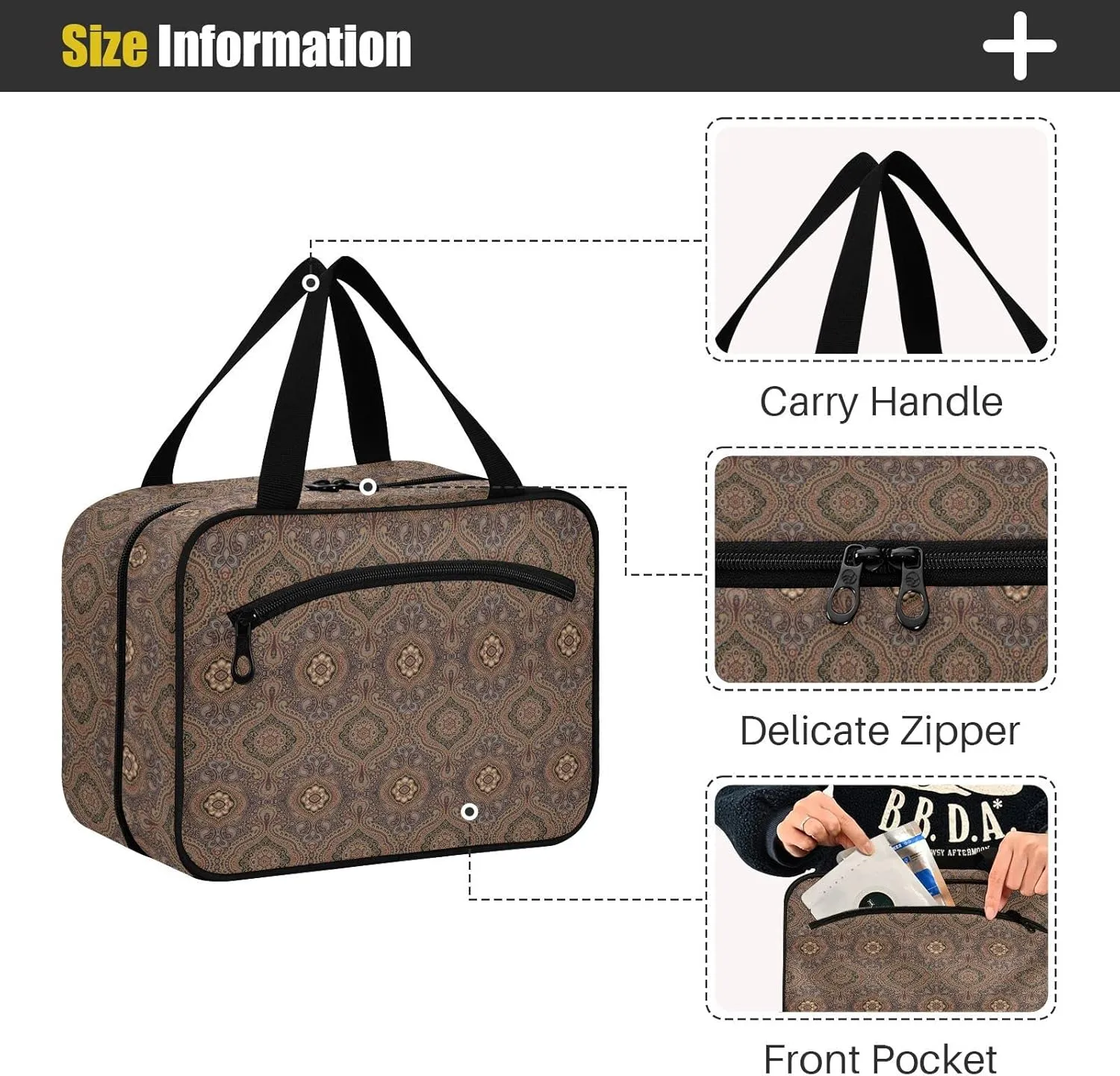 linqin Toiletry Bag for Travel, Brown Flower Pattern Makeup Bag Large Cosmetic Bag Organizer with Hanging Hook for Women Men