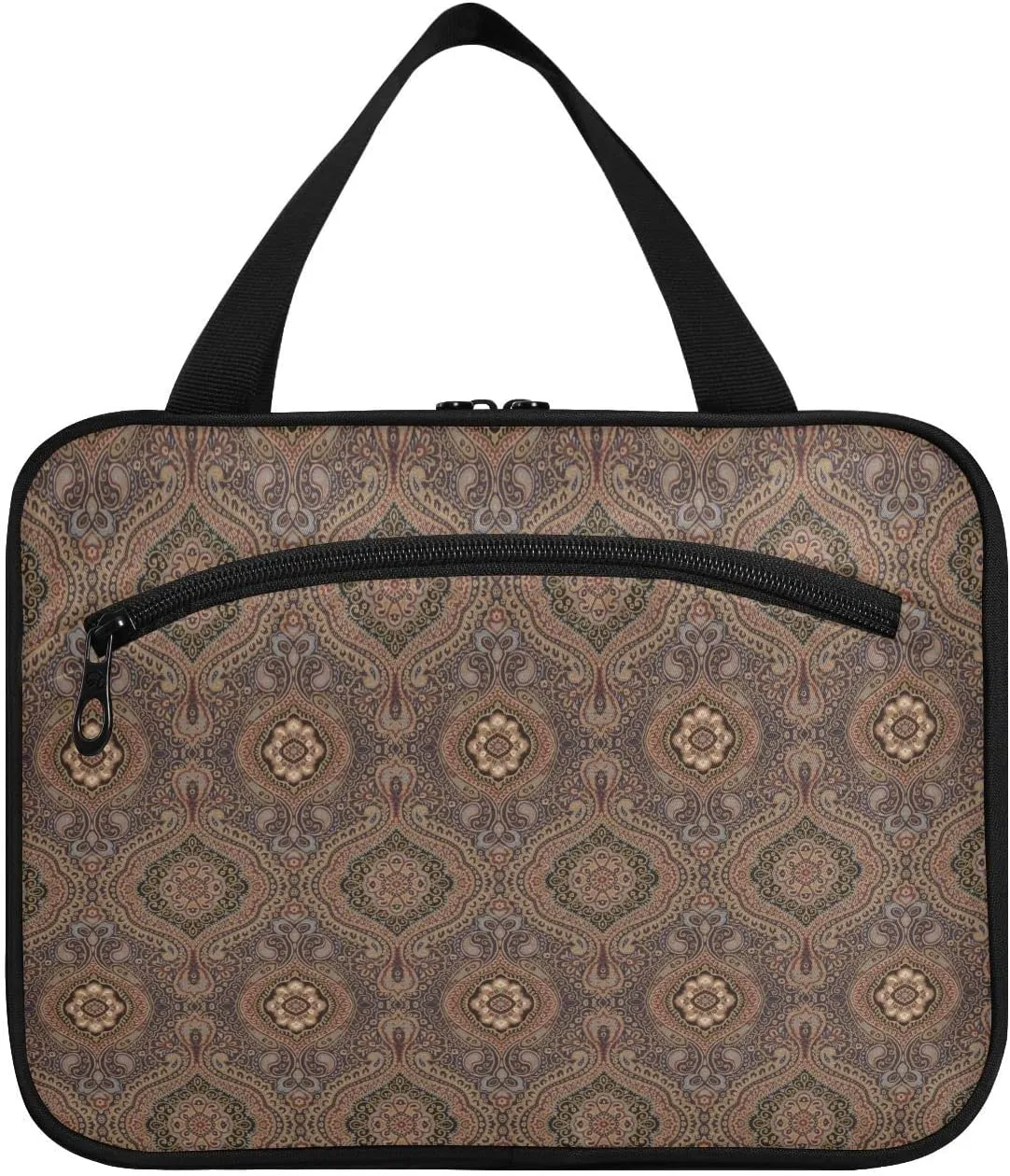 linqin Toiletry Bag for Travel, Brown Flower Pattern Makeup Bag Large Cosmetic Bag Organizer with Hanging Hook for Women Men