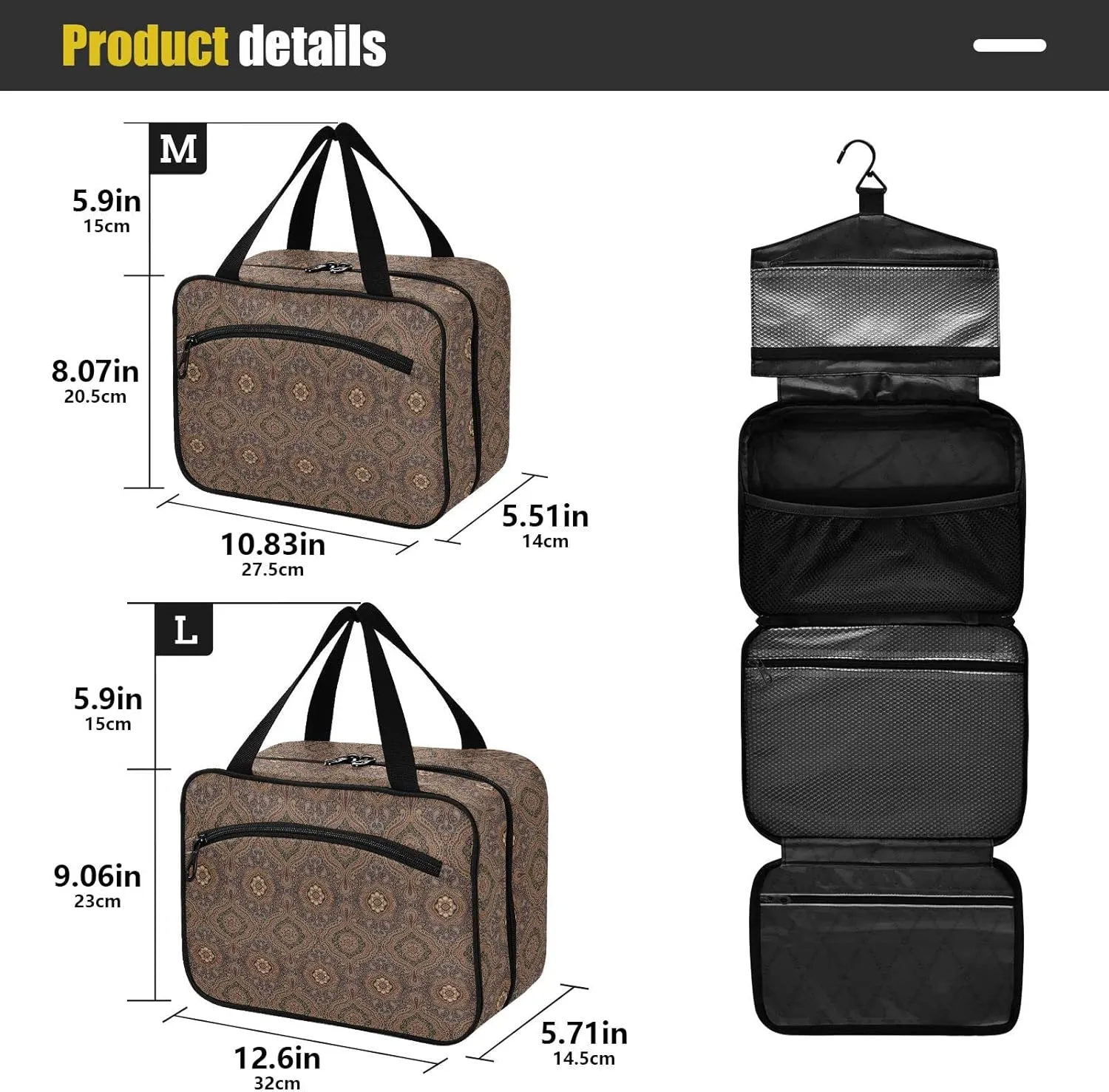 linqin Toiletry Bag for Travel, Brown Flower Pattern Makeup Bag Large Cosmetic Bag Organizer with Hanging Hook for Women Men