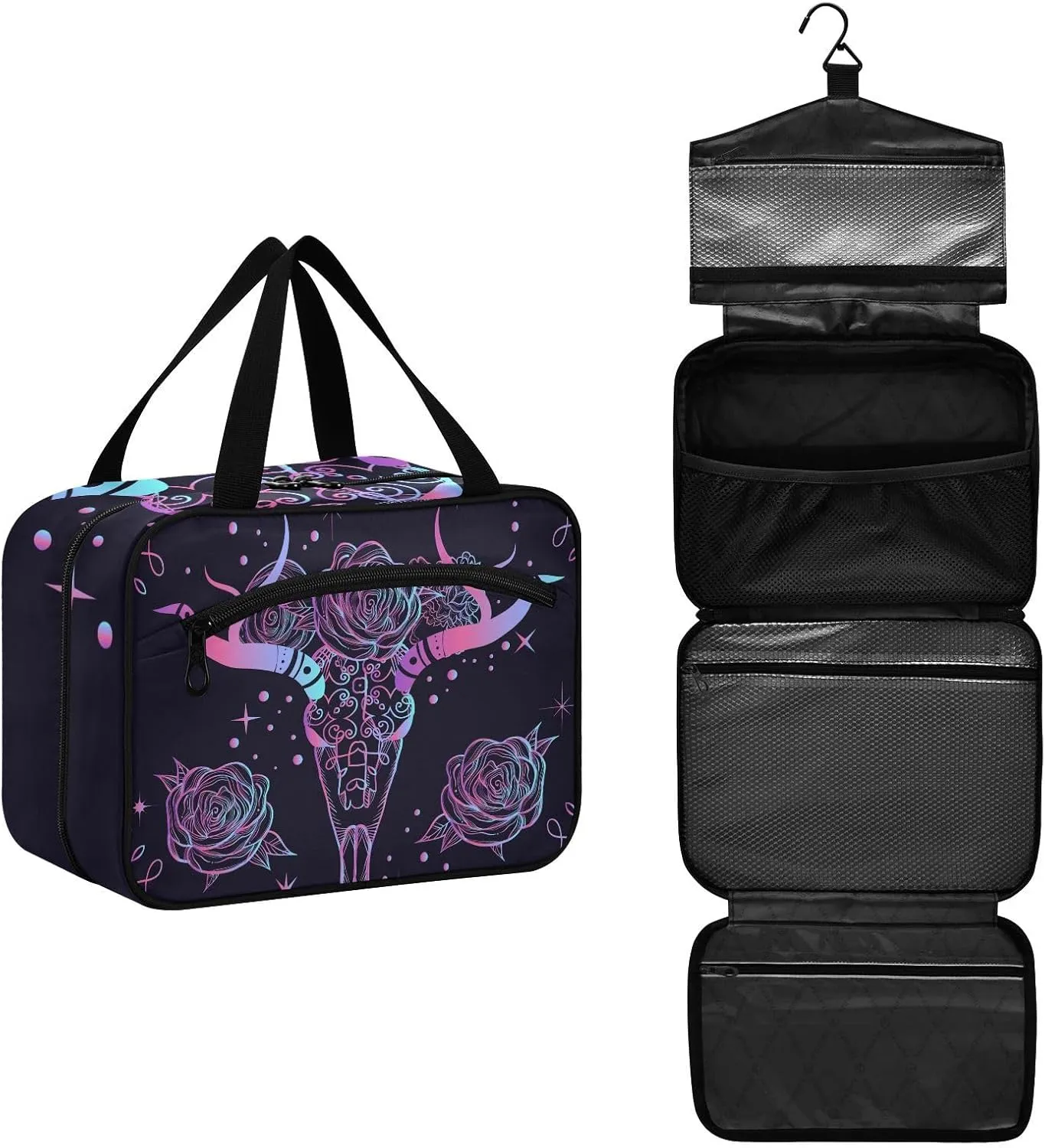 linqin Toiletry Bag for Travel, Bstract Tapestry with Bull's Skull Bohemian Makeup Bag Large Cosmetic Bag Organizer with Hanging Hook for Women Men