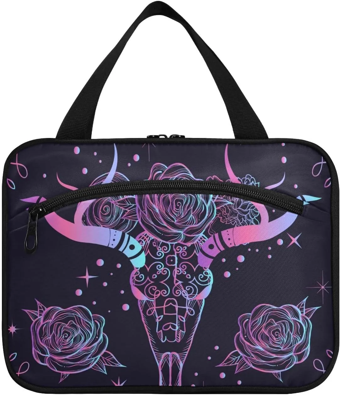 linqin Toiletry Bag for Travel, Bstract Tapestry with Bull's Skull Bohemian Makeup Bag Large Cosmetic Bag Organizer with Hanging Hook for Women Men