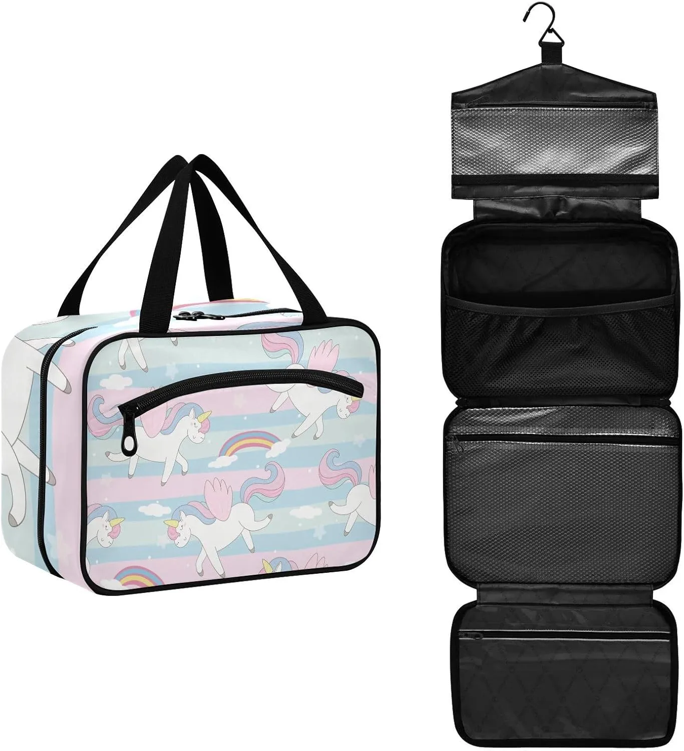 linqin Toiletry Bag for Travel, Cartoon Unicorn with Rainbow Makeup Bag Large Cosmetic Bag Organizer with Hanging Hook for Women Men