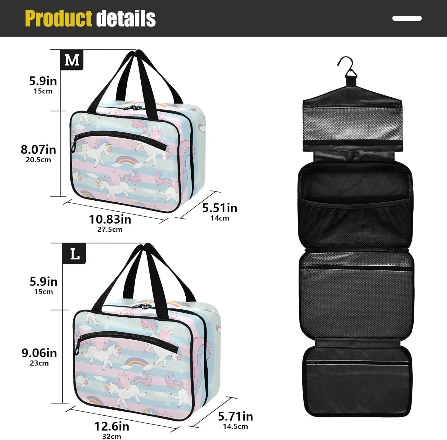 linqin Toiletry Bag for Travel, Cartoon Unicorn with Rainbow Makeup Bag Large Cosmetic Bag Organizer with Hanging Hook for Women Men