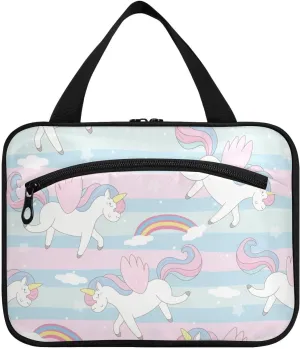 linqin Toiletry Bag for Travel, Cartoon Unicorn with Rainbow Makeup Bag Large Cosmetic Bag Organizer with Hanging Hook for Women Men