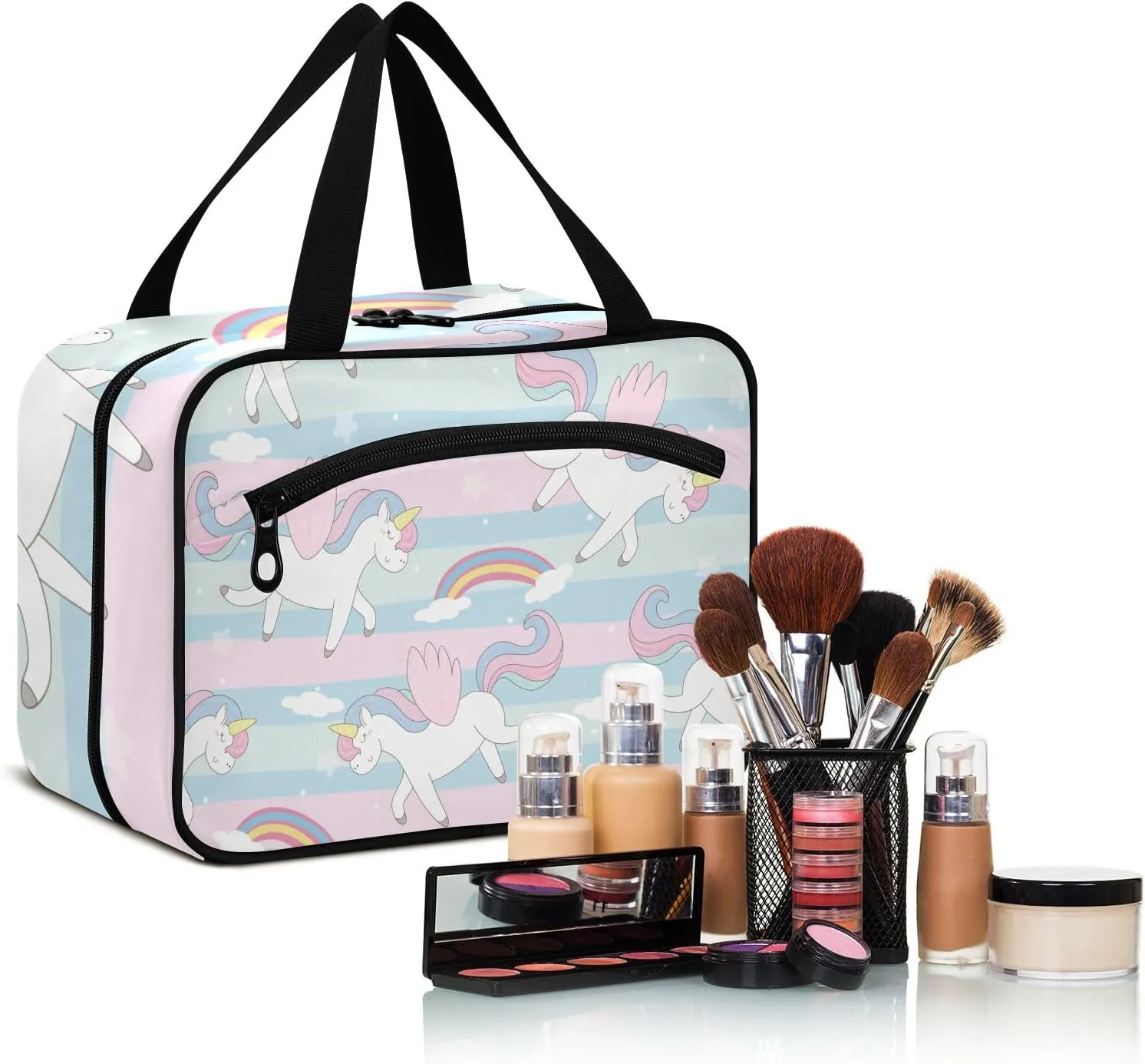 linqin Toiletry Bag for Travel, Cartoon Unicorn with Rainbow Makeup Bag Large Cosmetic Bag Organizer with Hanging Hook for Women Men