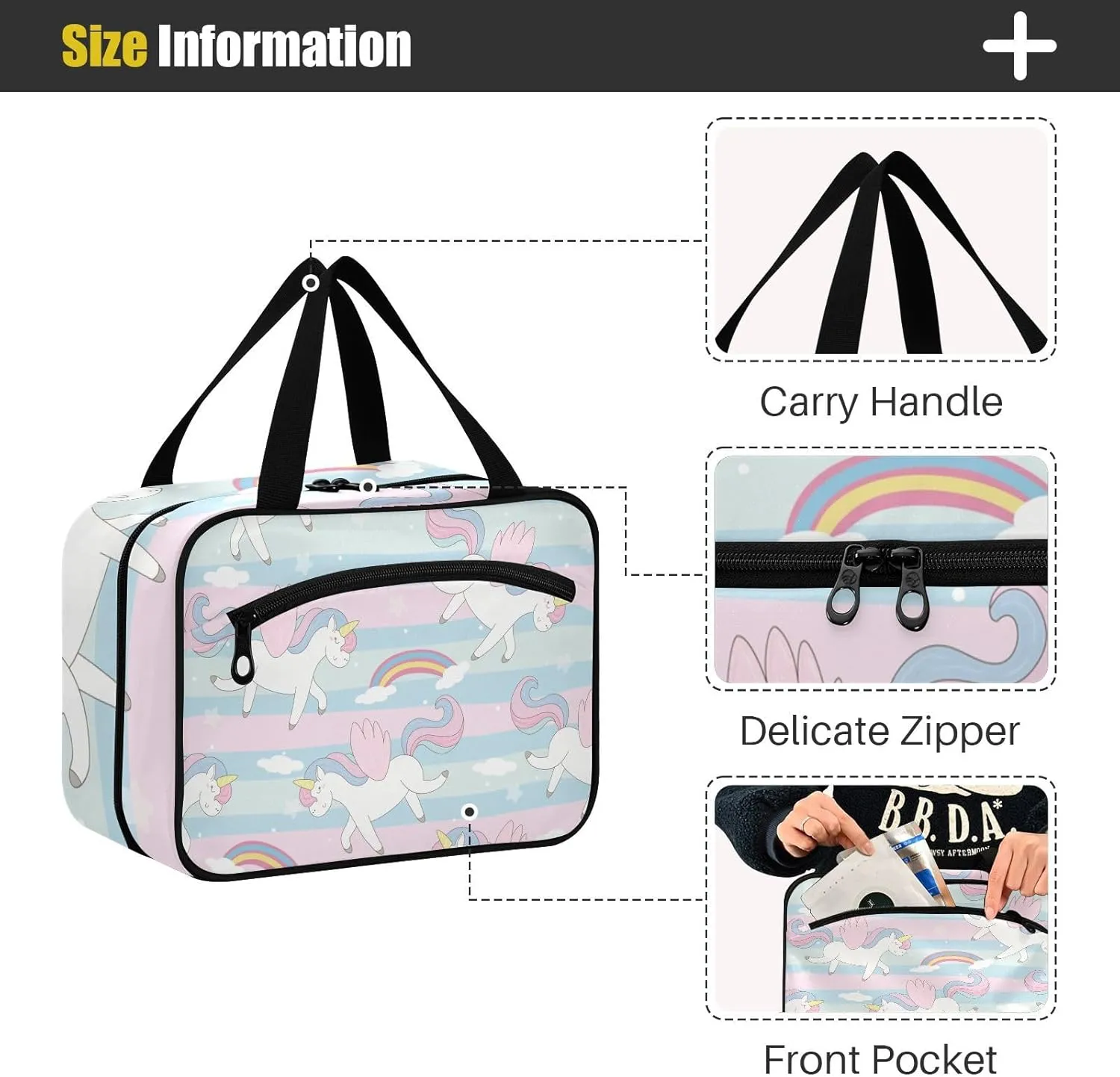 linqin Toiletry Bag for Travel, Cartoon Unicorn with Rainbow Makeup Bag Large Cosmetic Bag Organizer with Hanging Hook for Women Men