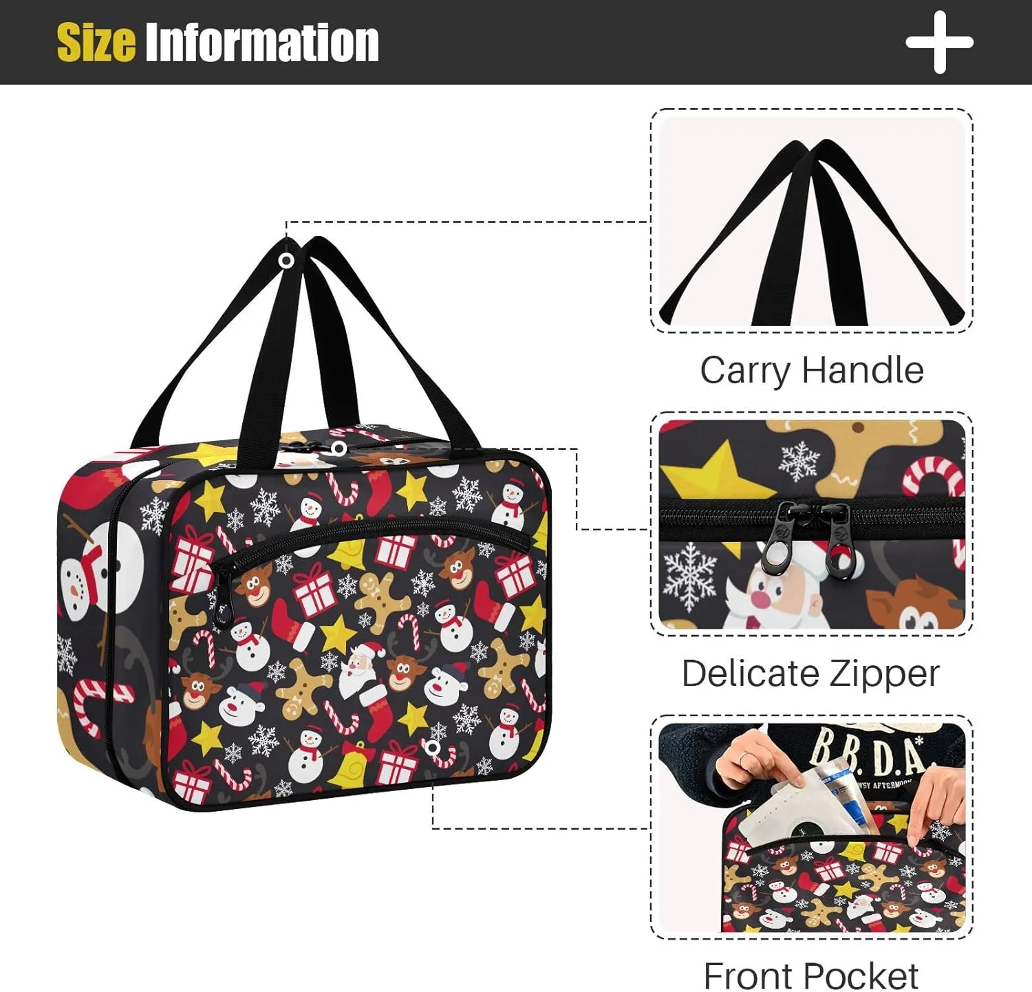 linqin Toiletry Bag for Travel, Cartoon Xmas Elements Pattern Makeup Bag Large Cosmetic Bag Organizer with Hanging Hook for Women Men