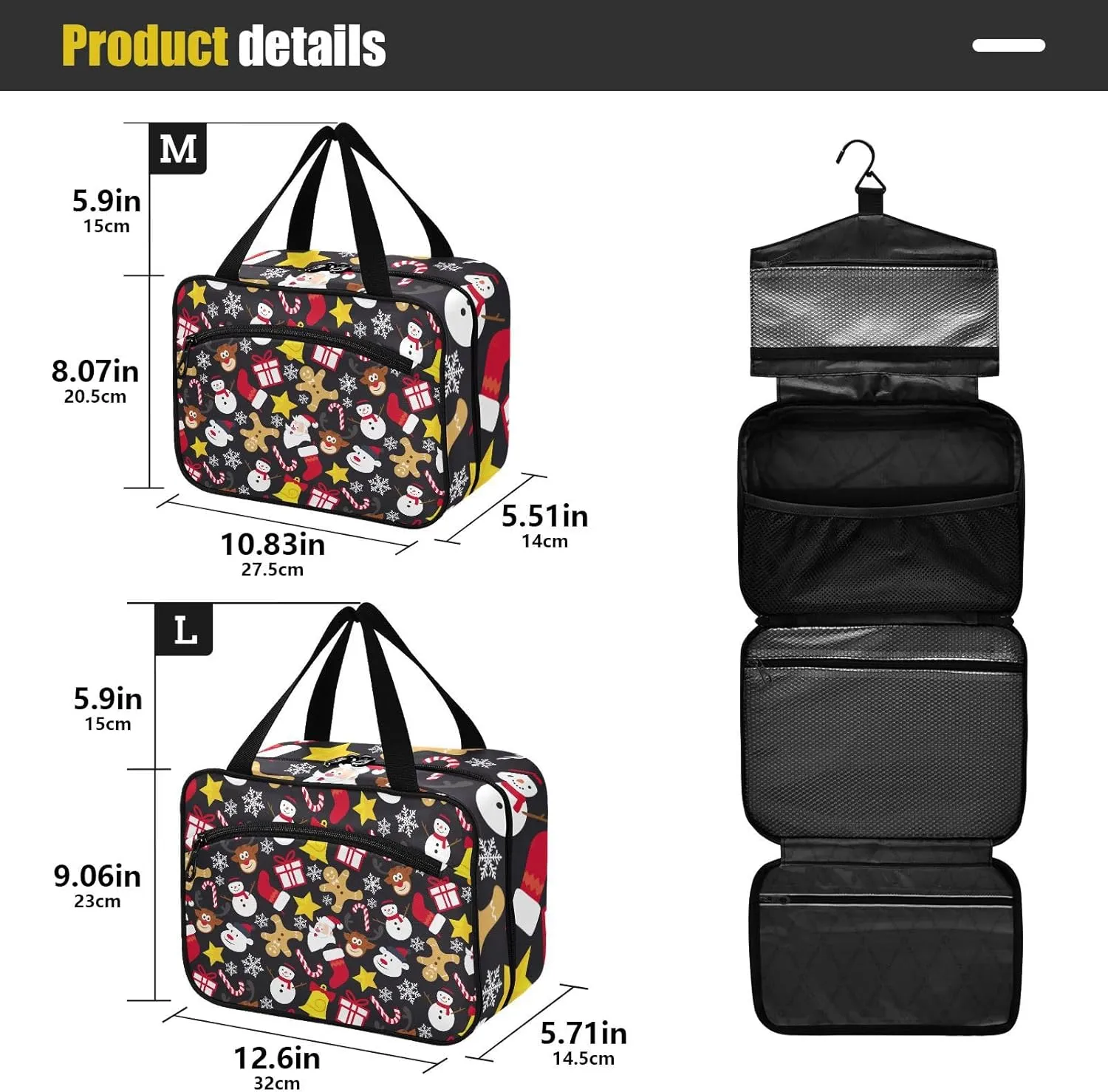 linqin Toiletry Bag for Travel, Cartoon Xmas Elements Pattern Makeup Bag Large Cosmetic Bag Organizer with Hanging Hook for Women Men