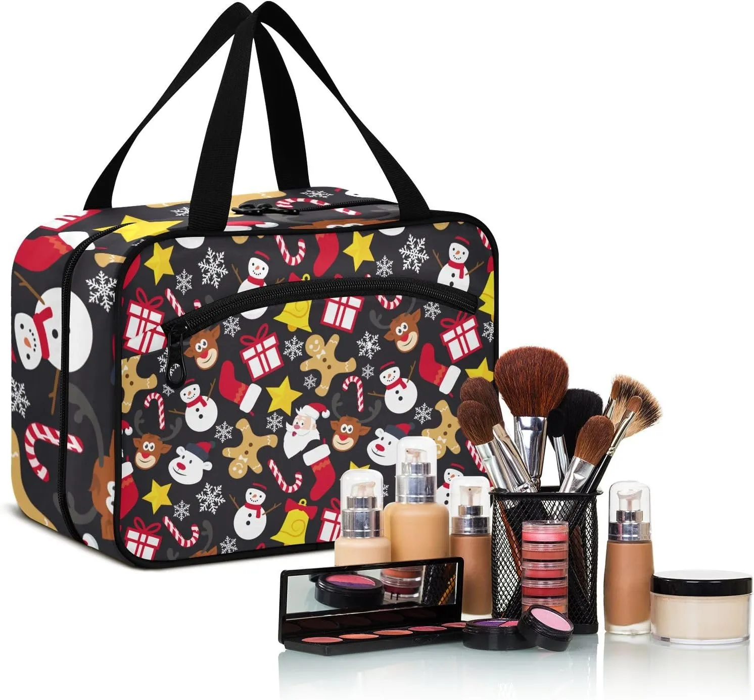 linqin Toiletry Bag for Travel, Cartoon Xmas Elements Pattern Makeup Bag Large Cosmetic Bag Organizer with Hanging Hook for Women Men