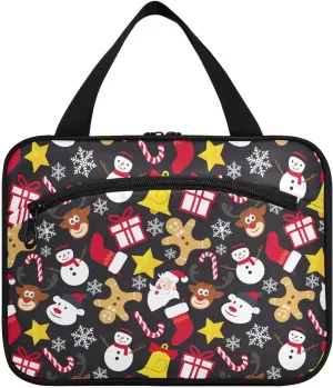 linqin Toiletry Bag for Travel, Cartoon Xmas Elements Pattern Makeup Bag Large Cosmetic Bag Organizer with Hanging Hook for Women Men
