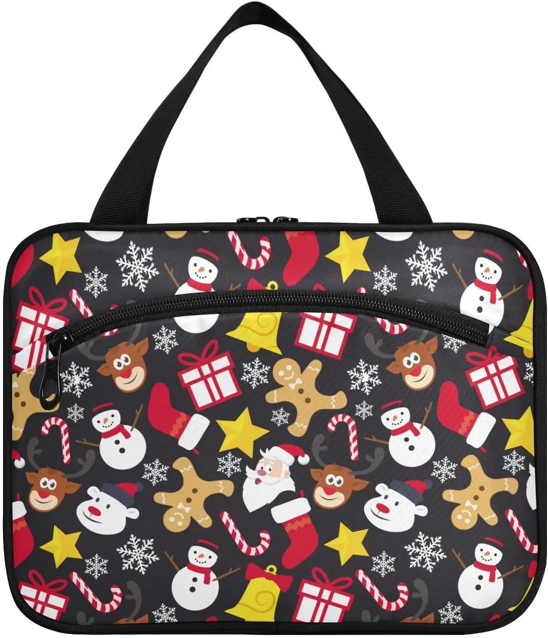 linqin Toiletry Bag for Travel, Cartoon Xmas Elements Pattern Makeup Bag Large Cosmetic Bag Organizer with Hanging Hook for Women Men