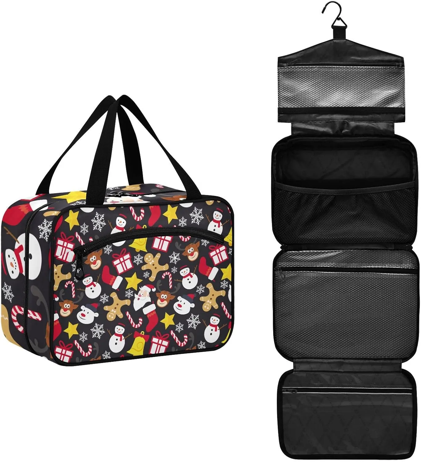 linqin Toiletry Bag for Travel, Cartoon Xmas Elements Pattern Makeup Bag Large Cosmetic Bag Organizer with Hanging Hook for Women Men