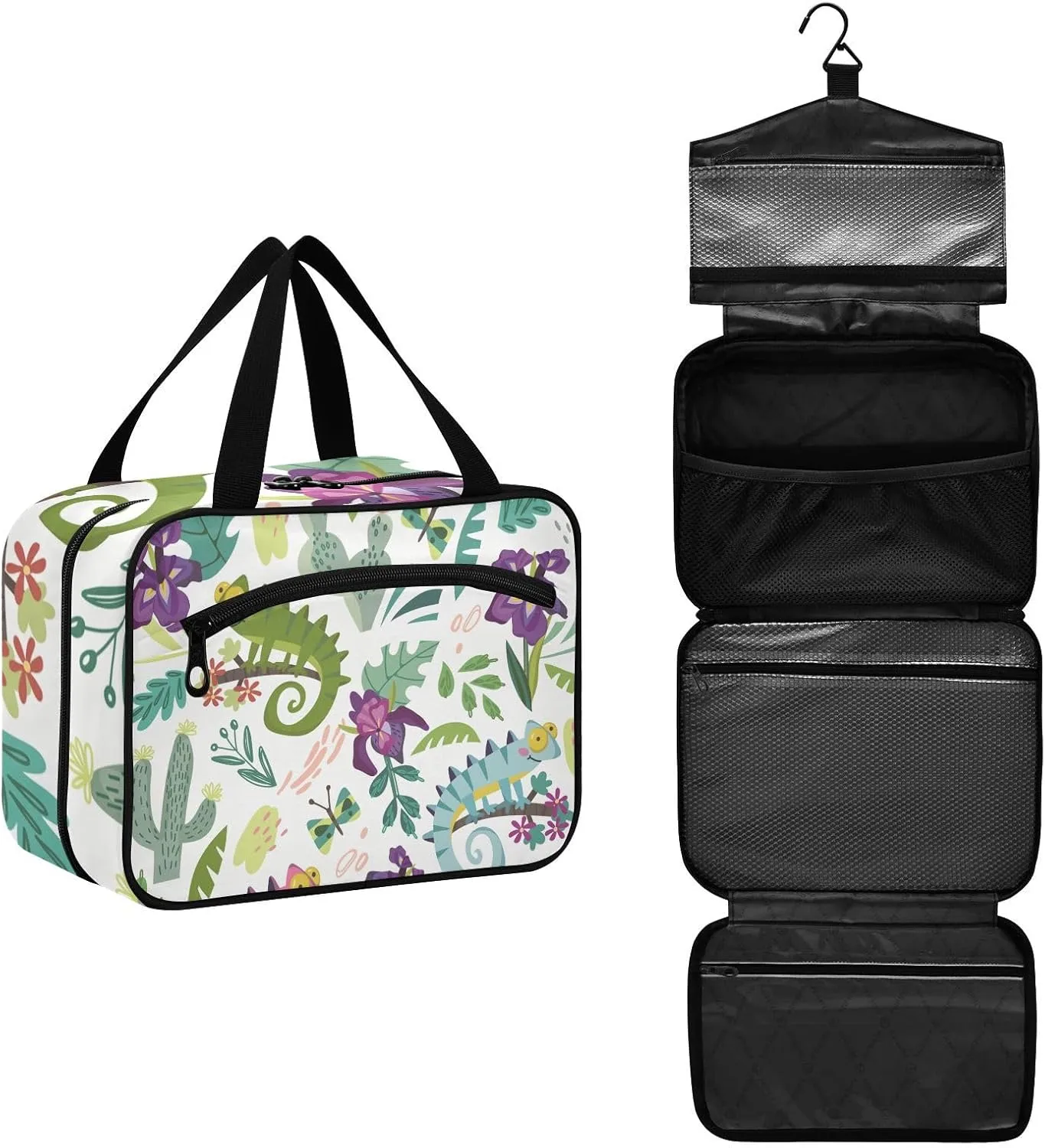 linqin Toiletry Bag for Travel, Chameleon Cute Cartoon Kids Colorful Makeup Bag Large Cosmetic Bag Organizer with Hanging Hook for Women Men