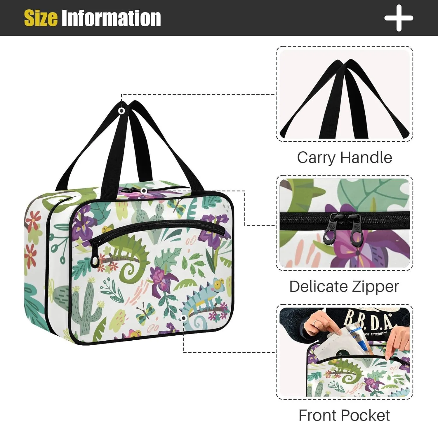 linqin Toiletry Bag for Travel, Chameleon Cute Cartoon Kids Colorful Makeup Bag Large Cosmetic Bag Organizer with Hanging Hook for Women Men