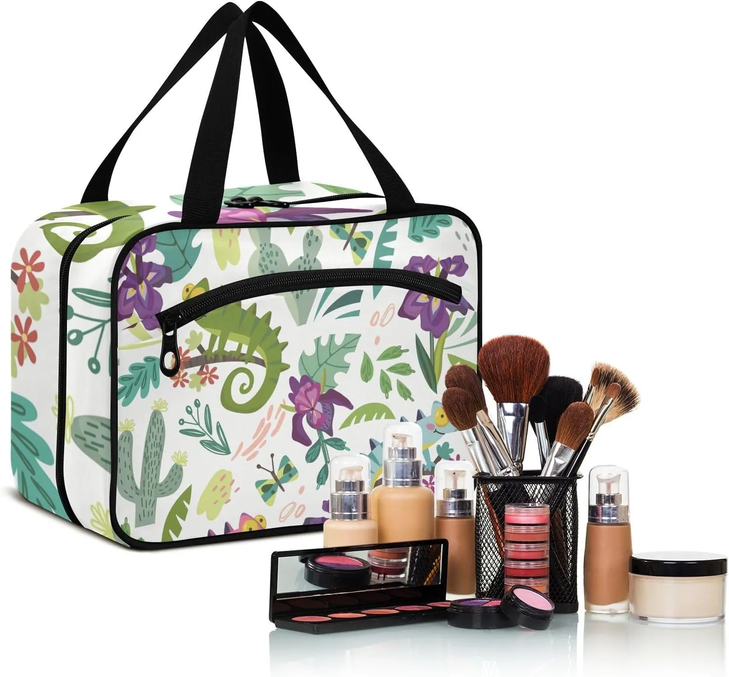 linqin Toiletry Bag for Travel, Chameleon Cute Cartoon Kids Colorful Makeup Bag Large Cosmetic Bag Organizer with Hanging Hook for Women Men