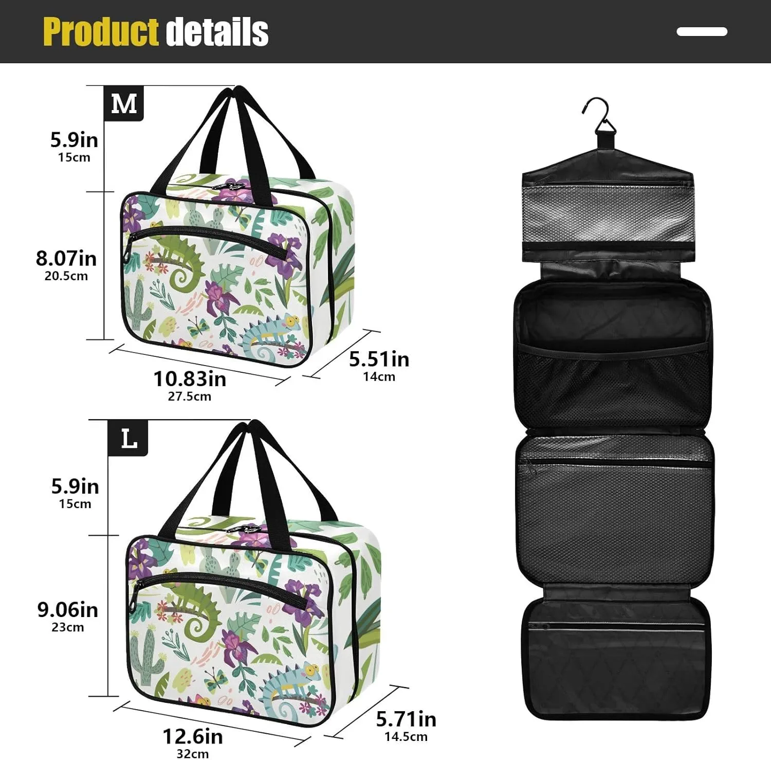 linqin Toiletry Bag for Travel, Chameleon Cute Cartoon Kids Colorful Makeup Bag Large Cosmetic Bag Organizer with Hanging Hook for Women Men