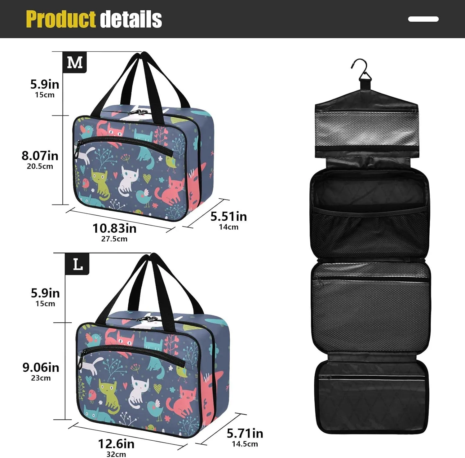 linqin Toiletry Bag for Travel, Colorful Cats and Birds Makeup Bag Large Cosmetic Bag Organizer with Hanging Hook for Women Men