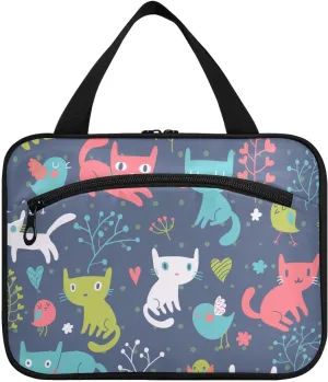 linqin Toiletry Bag for Travel, Colorful Cats and Birds Makeup Bag Large Cosmetic Bag Organizer with Hanging Hook for Women Men