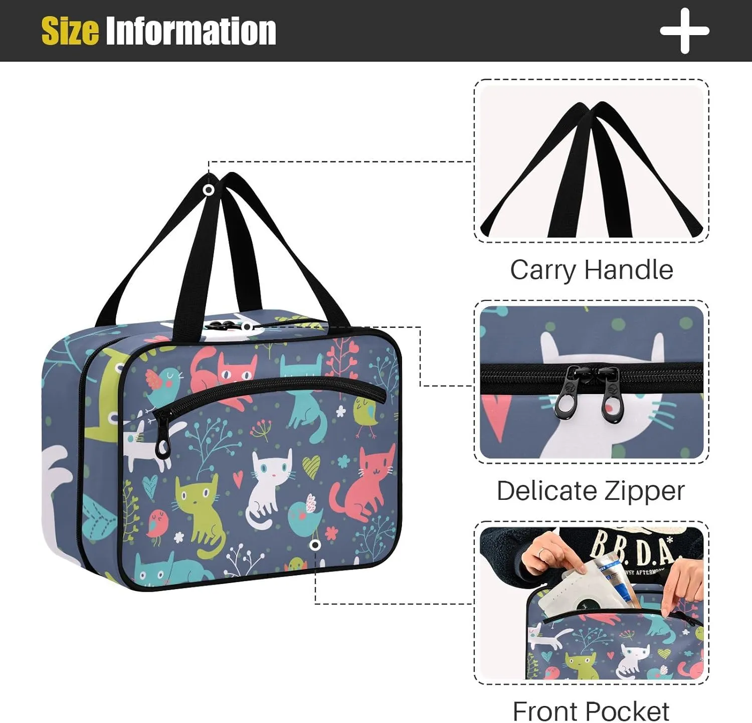 linqin Toiletry Bag for Travel, Colorful Cats and Birds Makeup Bag Large Cosmetic Bag Organizer with Hanging Hook for Women Men