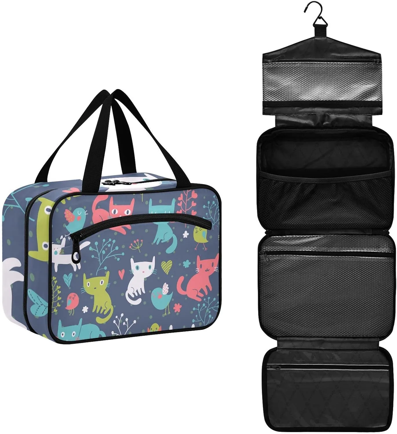 linqin Toiletry Bag for Travel, Colorful Cats and Birds Makeup Bag Large Cosmetic Bag Organizer with Hanging Hook for Women Men