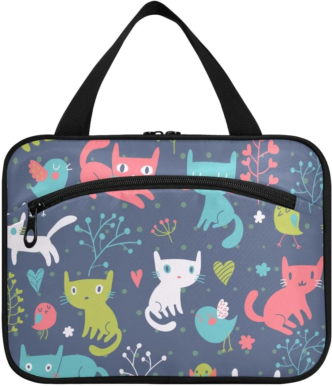 linqin Toiletry Bag for Travel, Colorful Cats and Birds Makeup Bag Large Cosmetic Bag Organizer with Hanging Hook for Women Men