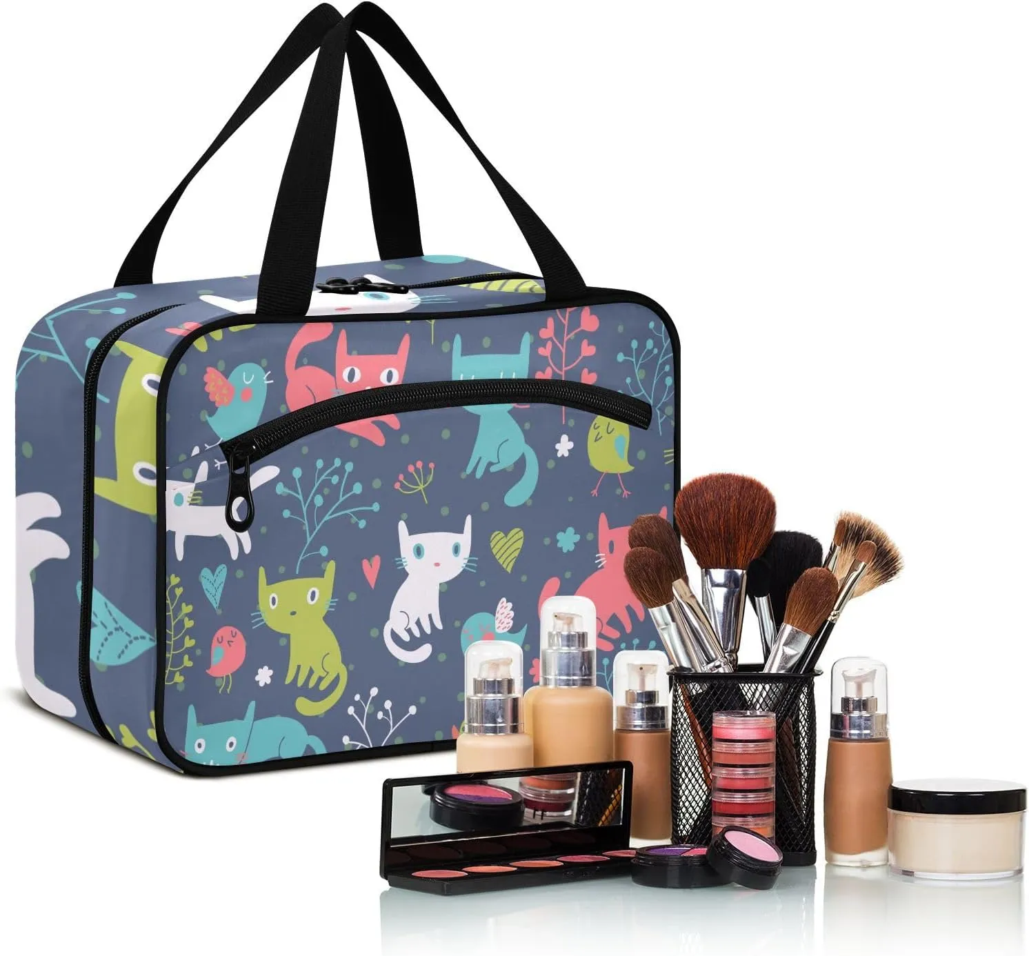 linqin Toiletry Bag for Travel, Colorful Cats and Birds Makeup Bag Large Cosmetic Bag Organizer with Hanging Hook for Women Men